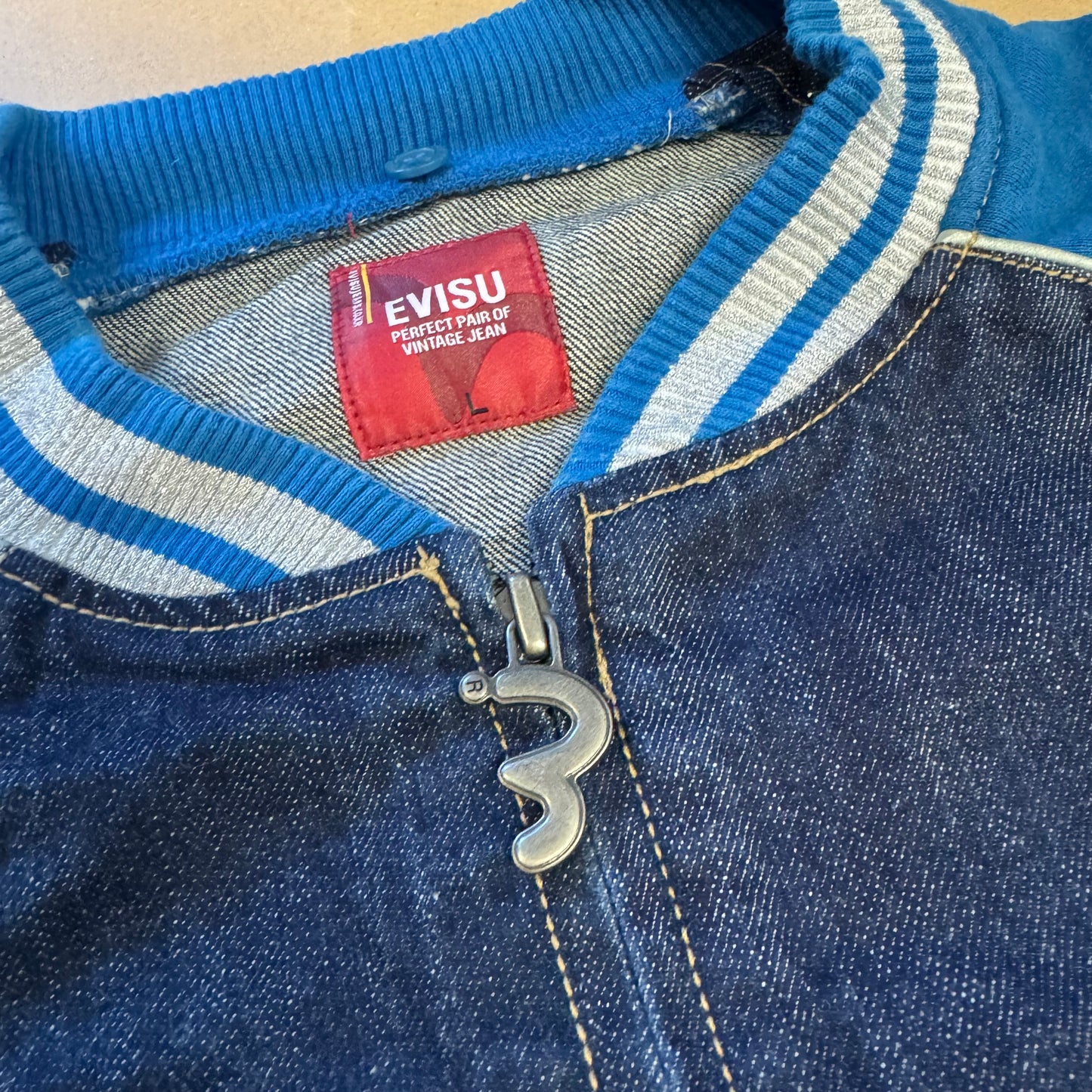 Mighty Evisu denim college jacket