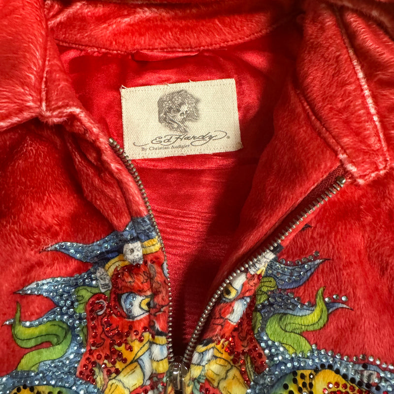 Detailansicht: Sourced limited accessories and clothes Ed Hardy fluffy Bomberjacket – Logo, Nähte oder Material