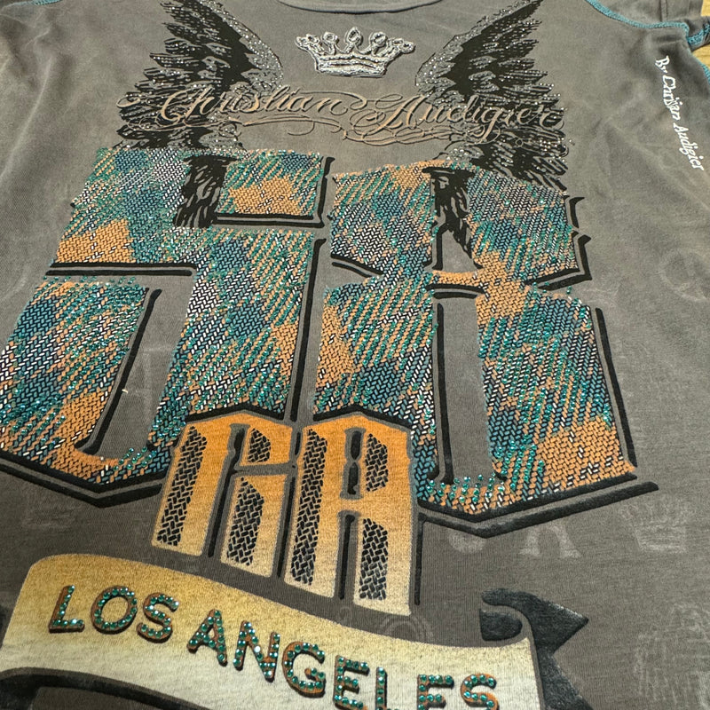 Detailansicht: Sourced limited accessories and clothes Christian Audigier Los Angeles shirt – Logo, Nähte oder Material