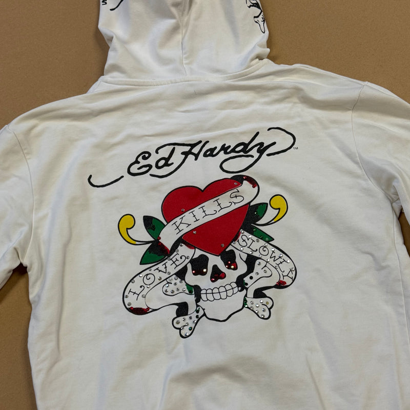 Detailansicht: Sourced limited accessories and clothes Ed Hardy zipped hoodie white – Logo, Nähte oder Material
