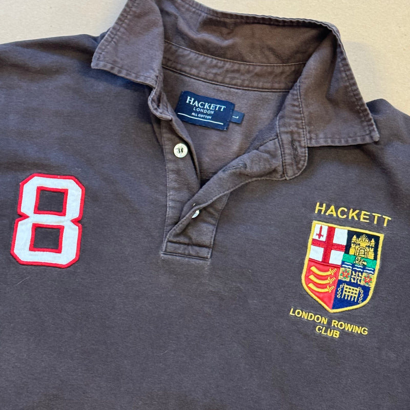 Detailansicht: Sourced limited accessories and clothes Vintage brown Hackett London long-sleeved polo – Logo, Nähte oder Material
