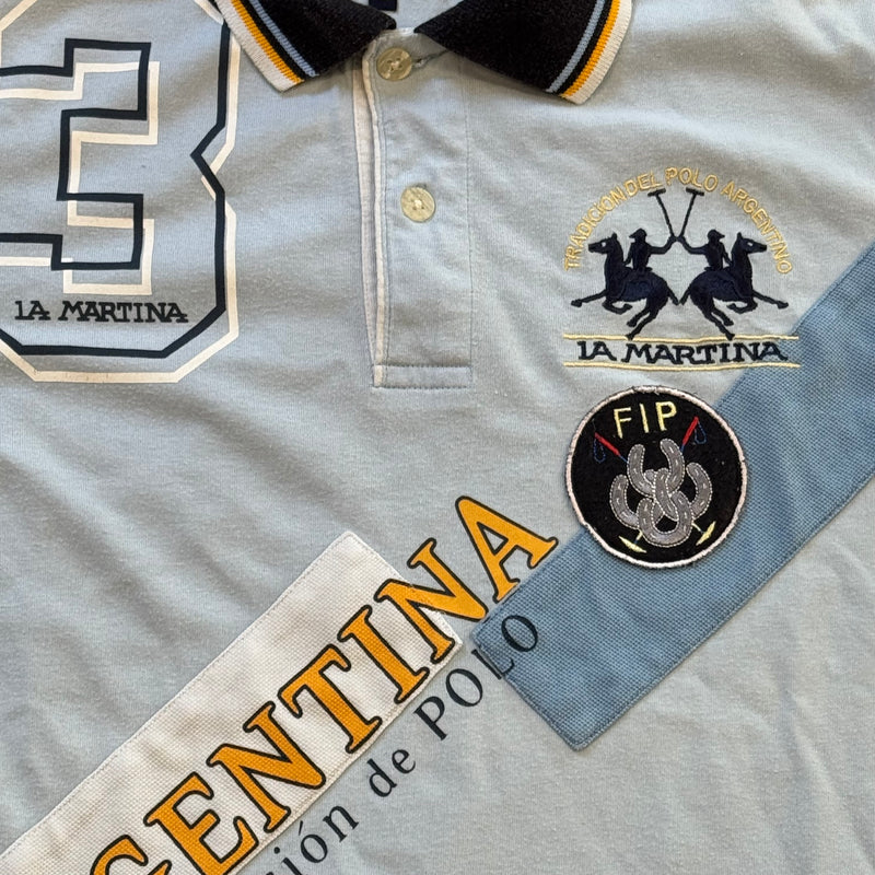 Detailansicht: Sourced limited accessories and clothes La Martina Argentina sky blue poloshirt – Logo, Nähte oder Material