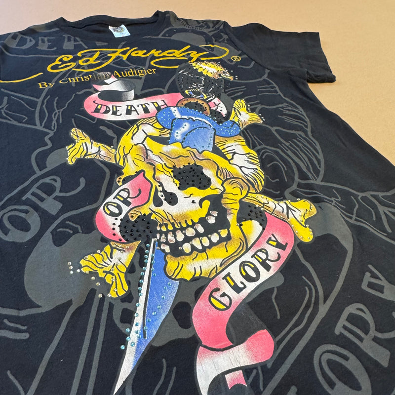 Detailansicht: Sourced limited accessories and clothes Ed Hardy vintage rhinestones skull t-shirt – Logo, Nähte oder Material