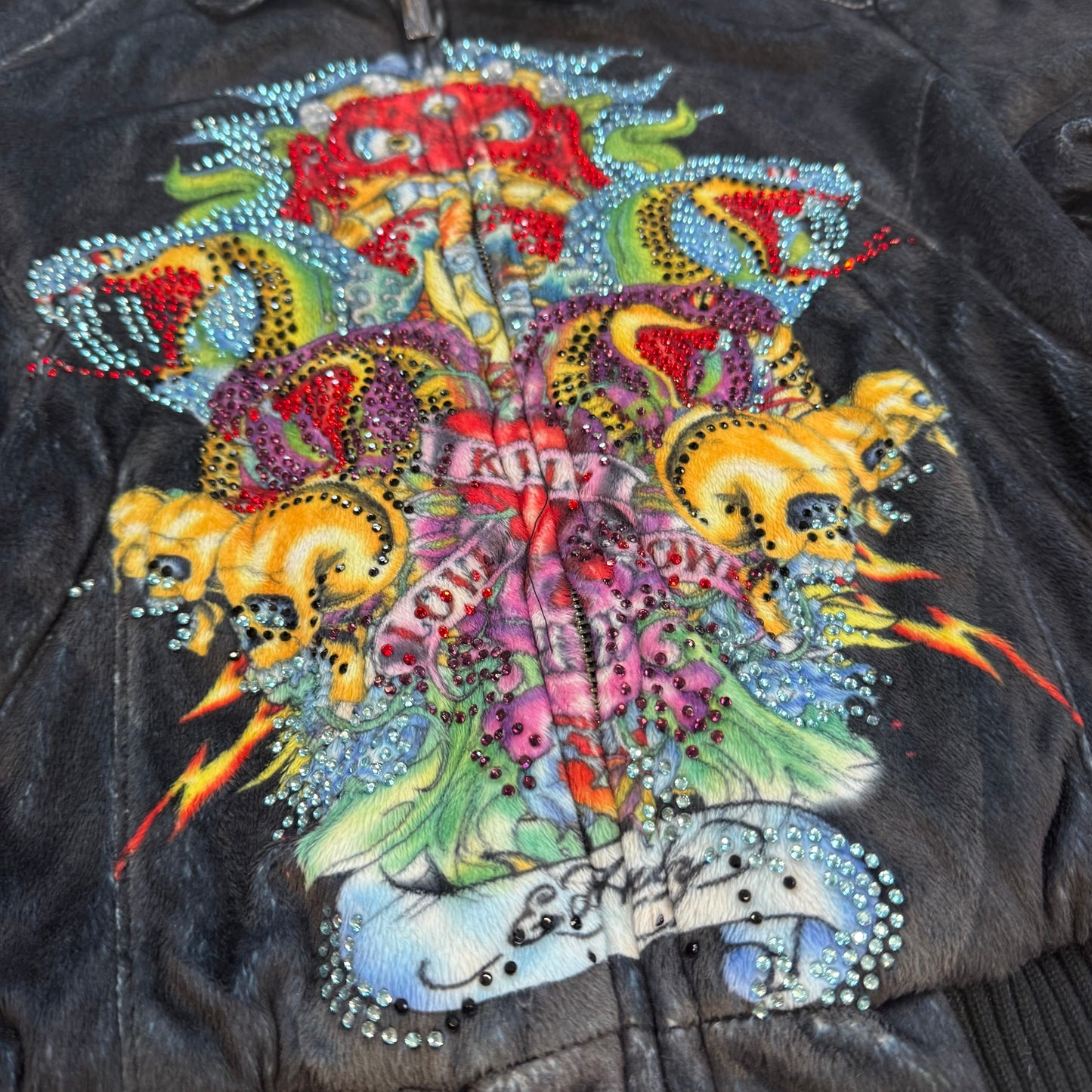 Ed Hardy "Crowns and Snakes" vintage fluffy bomber jacket
