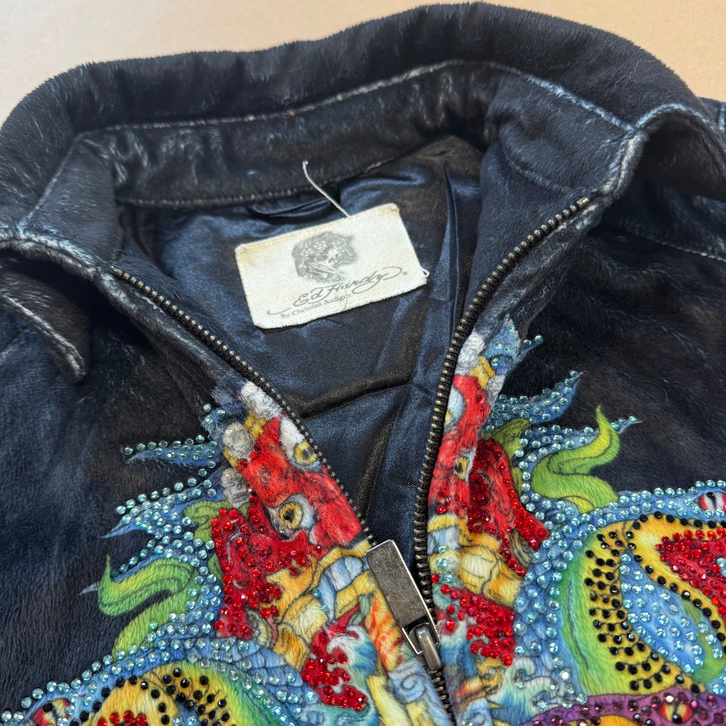 Ed Hardy "Crowns and Snakes" vintage fluffy bomber jacket