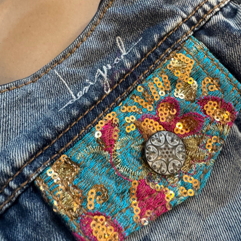 Detailansicht: Sourced limited accessories and clothes Vintage glitter jeans Desigual handbag – Logo, Nähte oder Material