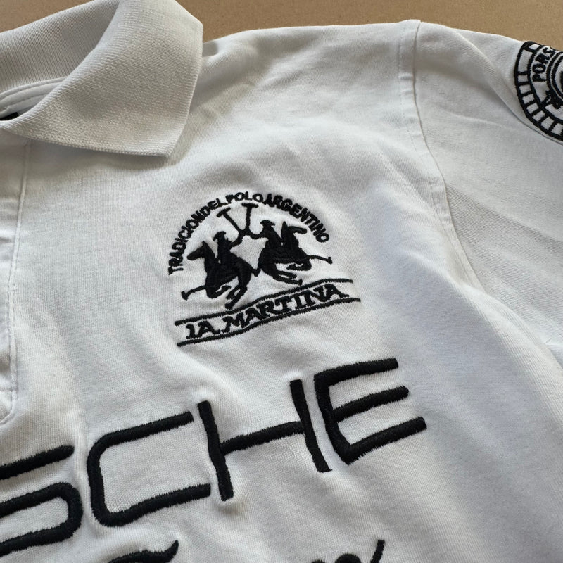 Detailansicht: Sourced limited accessories and clothes La Martina Porsche white longsleeve poloshirt – Logo, Nähte oder Material