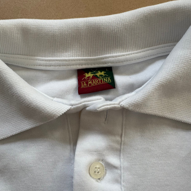 Detailansicht: Sourced limited accessories and clothes La Martina Porsche white longsleeve poloshirt – Logo, Nähte oder Material