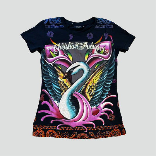 Vintage Y2K "Swan" rhinestones t-shirt by Christian Audigier