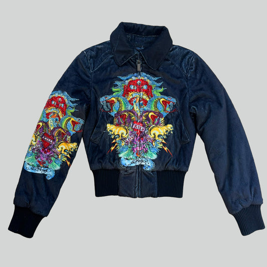Ed Hardy "Crowns and Snakes" vintage fluffy bomber jacket