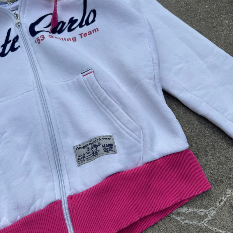 Detailansicht: Sourced limited accessories and clothes Monte Carlo retro white women’s hoodie – Logo, Nähte oder Material