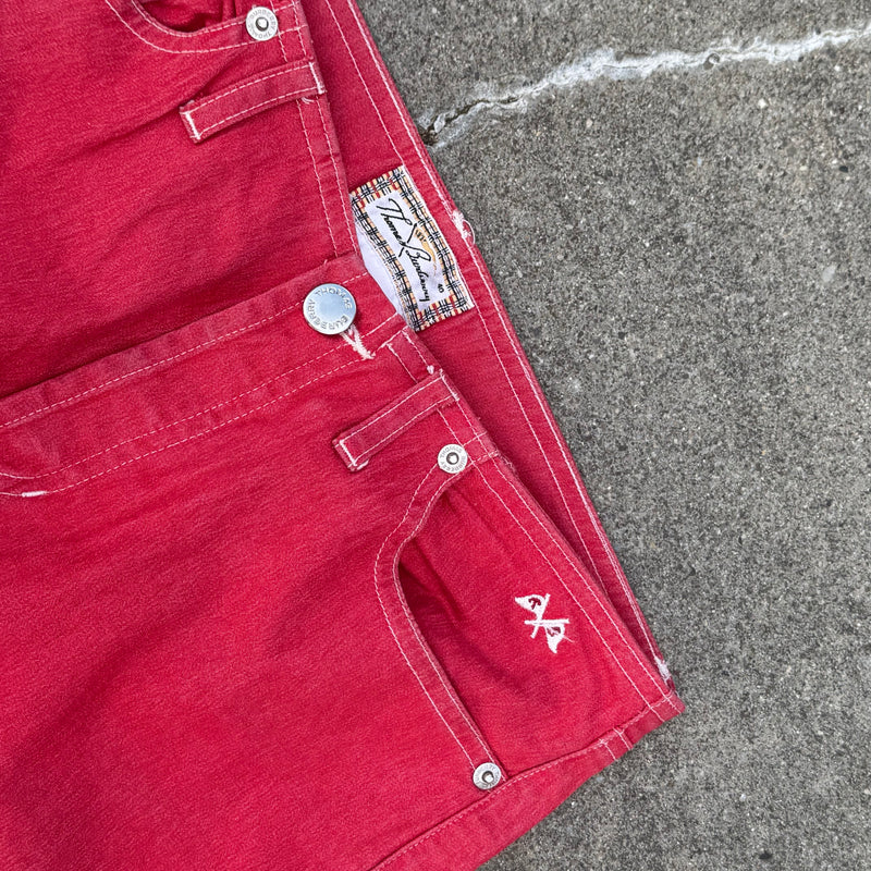 Detailansicht: Sourced limited accessories and clothes Thomas Burberry red vintage wide leg pants – Logo, Nähte oder Material