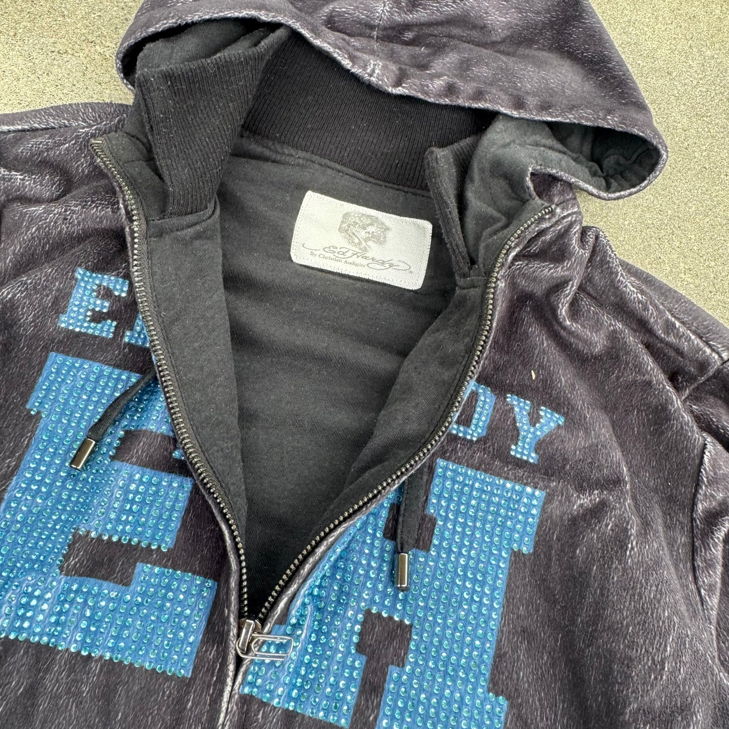 Ed Hardy y2k fluffy rhinestones hoodie