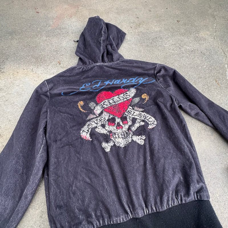 Detailansicht: Sourced limited accessories and clothes Ed Hardy y2k fluffy rhinestones hoodie – Logo, Nähte oder Material