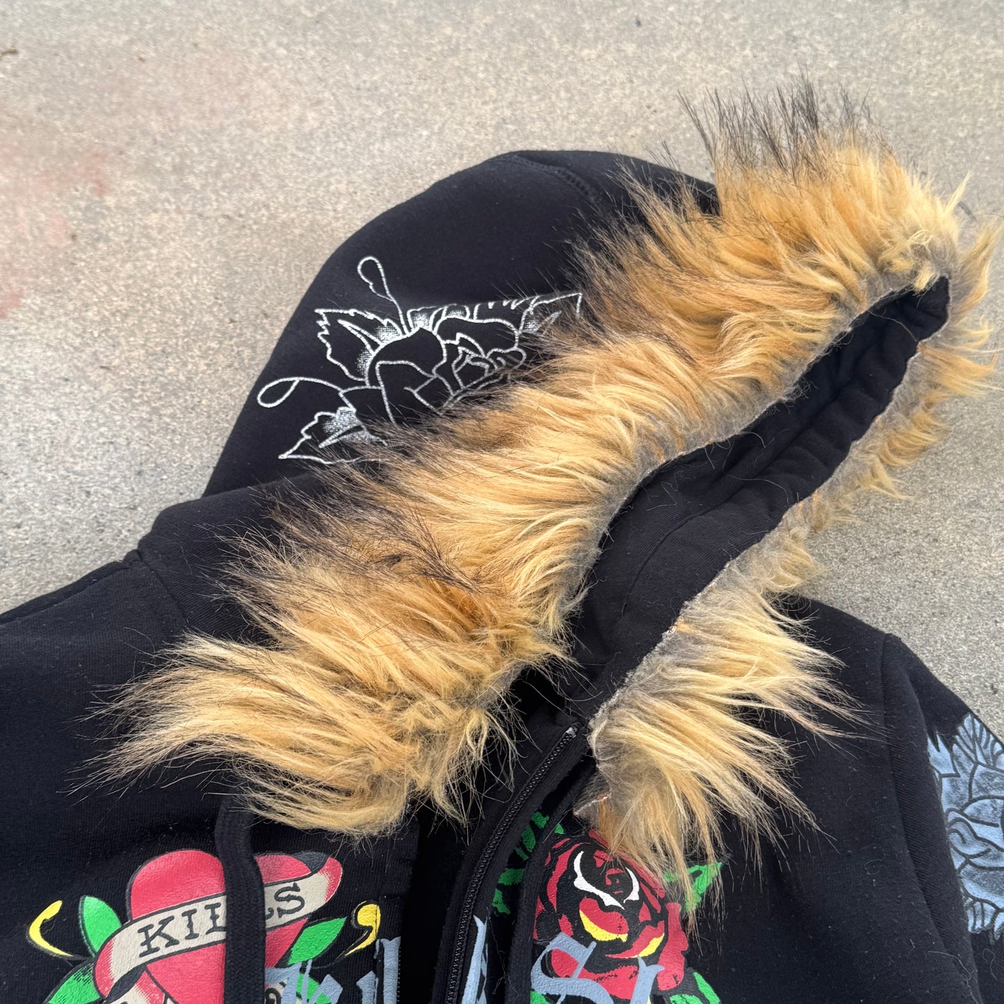 Ed Hardy "love kills slowly" fur zip-hoodie