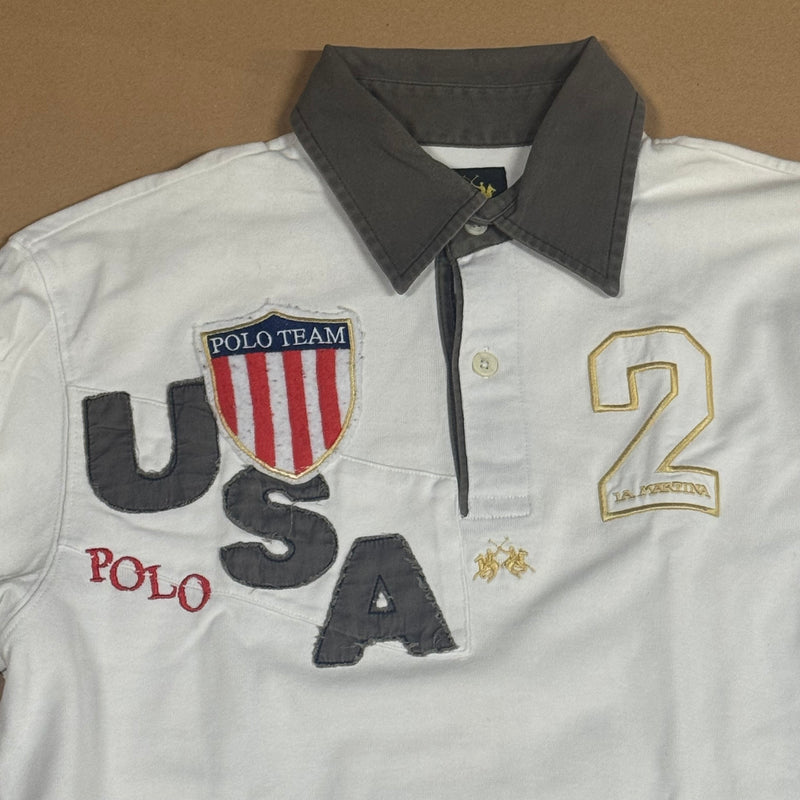 Detailansicht: Sourced limited accessories and clothes La Martina USA vintage white longsleeve polo – Logo, Nähte oder Material