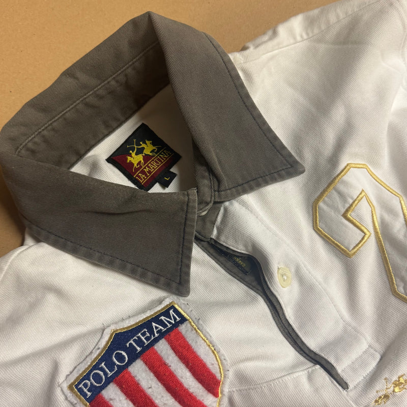Detailansicht: Sourced limited accessories and clothes La Martina USA vintage white longsleeve polo – Logo, Nähte oder Material