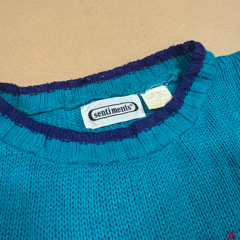 Detailansicht: Sourced limited accessories and clothes Vintage Sentiments blue knitted sweatshirt – Logo, Nähte oder Material
