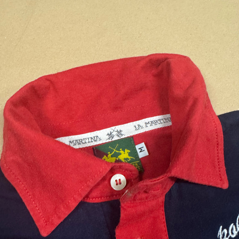 Detailansicht: Sourced limited accessories and clothes La Martina Flamingos red long-sleeve polo shirt – Logo, Nähte oder Material