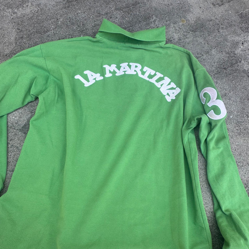 Detailansicht: Sourced limited accessories and clothes La Martina Porsche 2011 longsleeve green polo – Logo, Nähte oder Material