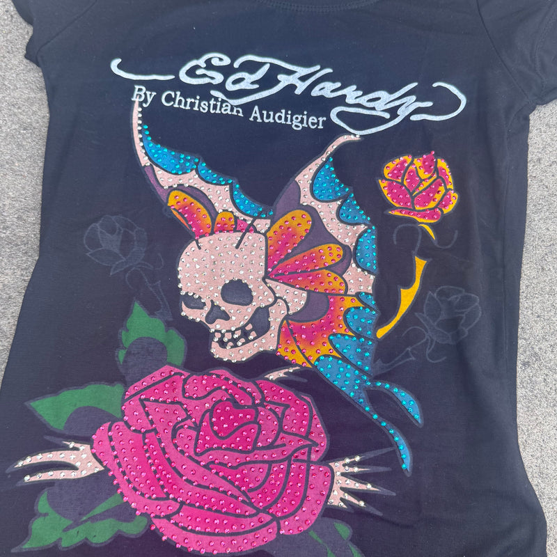 Detailansicht: Sourced limited accessories and clothes Ed Hardy skull & rose vintage top – Logo, Nähte oder Material