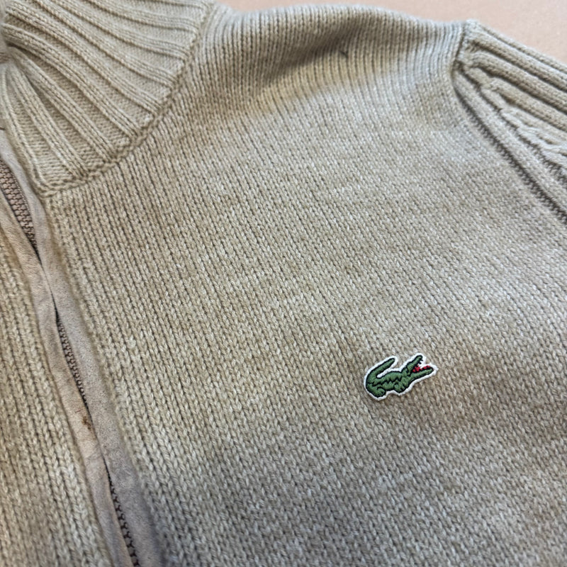 Detailansicht: Sourced limited accessories and clothes Lacoste vintage knitted beige jacket – Logo, Nähte oder Material