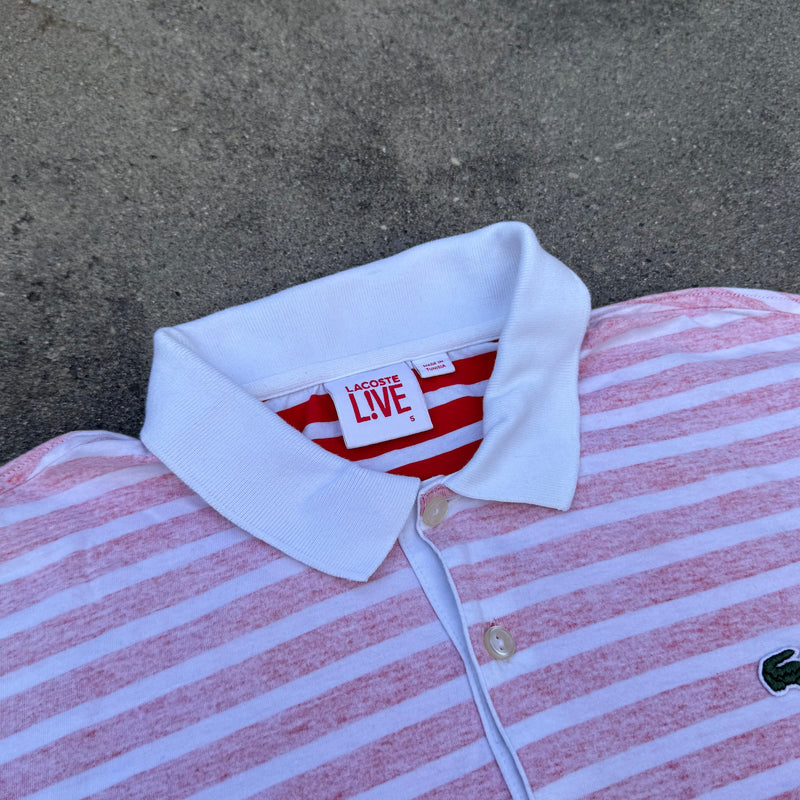 Detailansicht: Sourced limited accessories and clothes Lacoste Live vintage reversed stripes polo – Logo, Nähte oder Material
