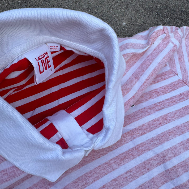 Detailansicht: Sourced limited accessories and clothes Lacoste Live vintage reversed stripes polo – Logo, Nähte oder Material