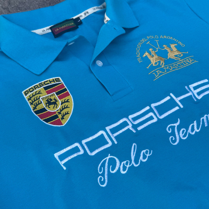 Detailansicht: Sourced limited accessories and clothes La Martina Porsche 2014 skyblue poloshirt – Logo, Nähte oder Material