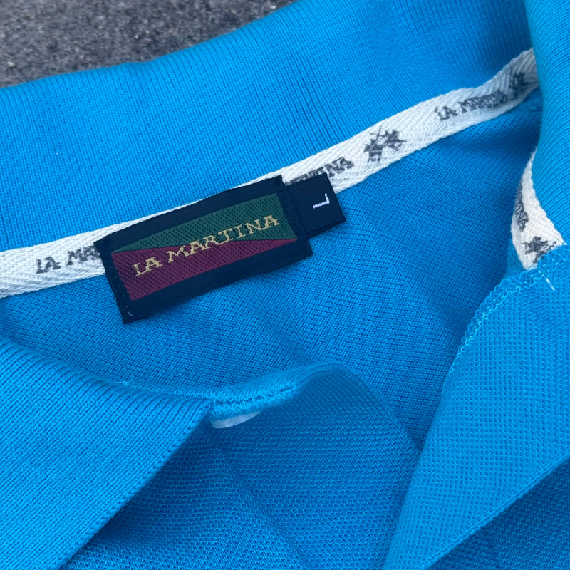 Detailansicht: Sourced limited accessories and clothes La Martina Porsche 2014 skyblue poloshirt – Logo, Nähte oder Material