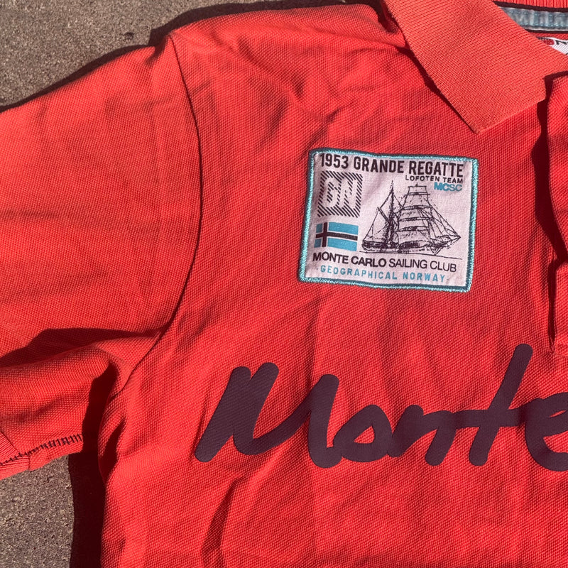 Detailansicht: Sourced limited accessories and clothes Monte Carlo orange streetwear poloshirt – Logo, Nähte oder Material
