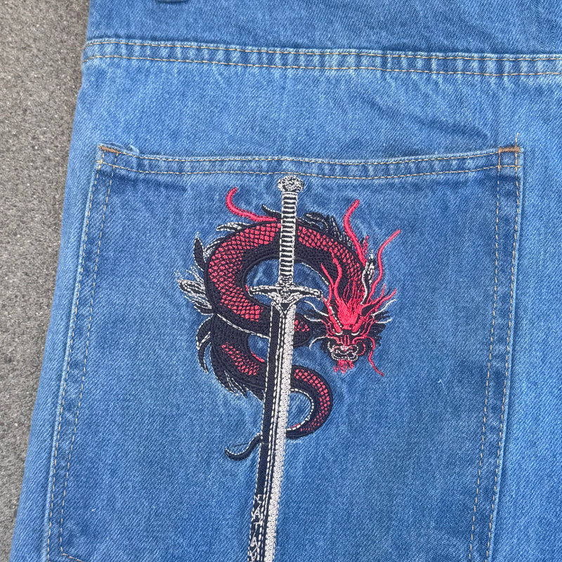 Detailansicht: Sourced limited accessories and clothes Japanese vintage baggy embroidered denim jeans – Logo, Nähte oder Material