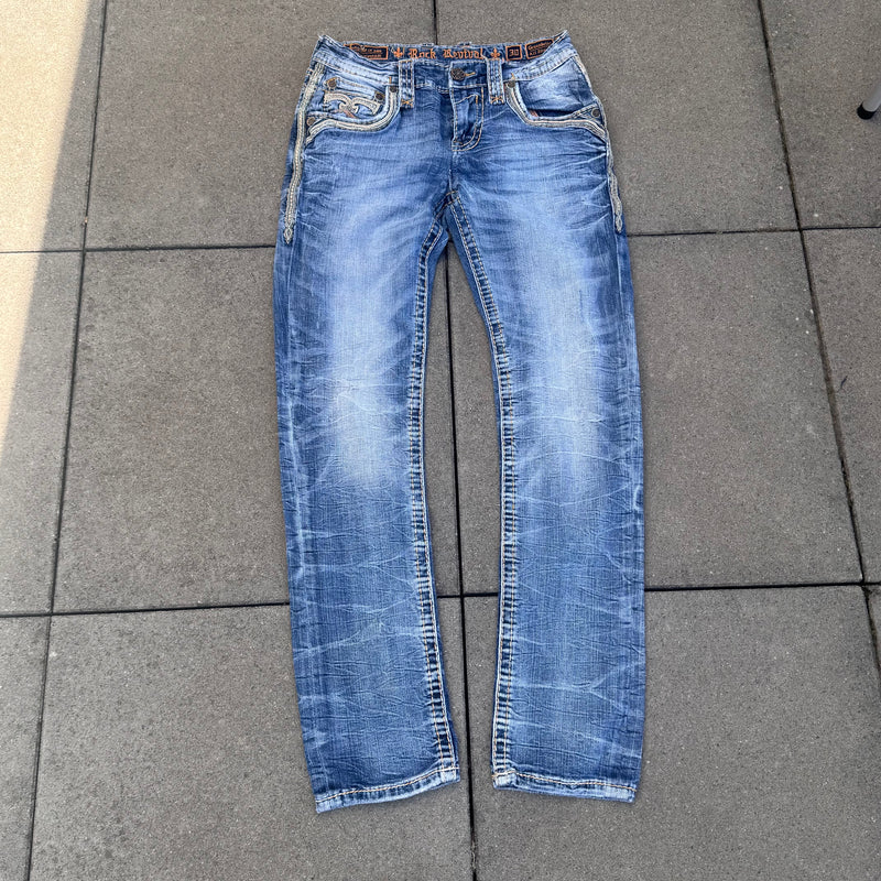 Detailansicht: Sourced limited accessories and clothes Rock Revival Vintage Alt straight denim jeans – Logo, Nähte oder Material