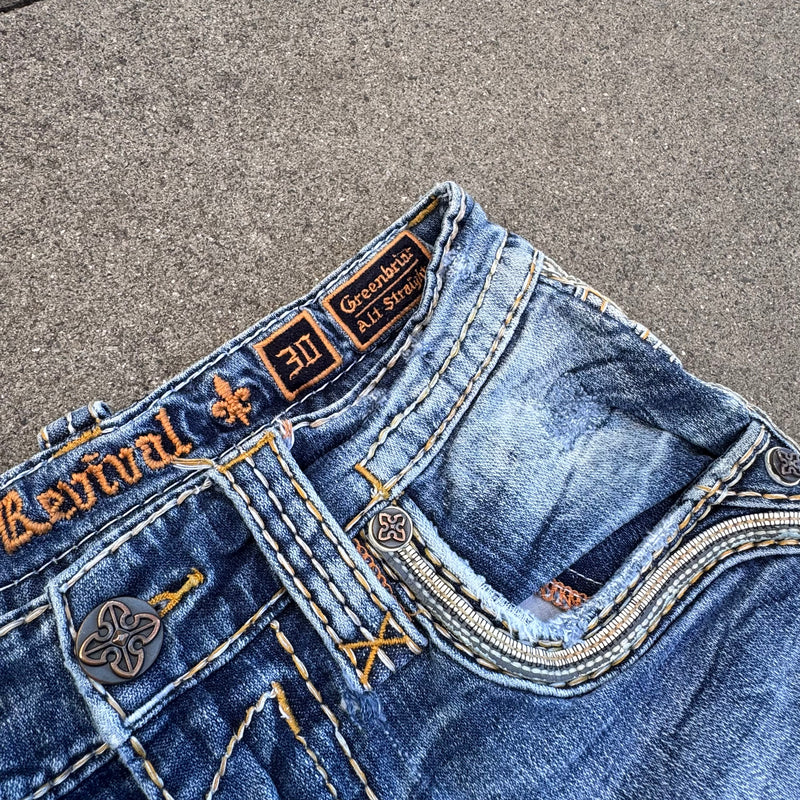 Detailansicht: Sourced limited accessories and clothes Rock Revival Vintage Alt straight denim jeans – Logo, Nähte oder Material