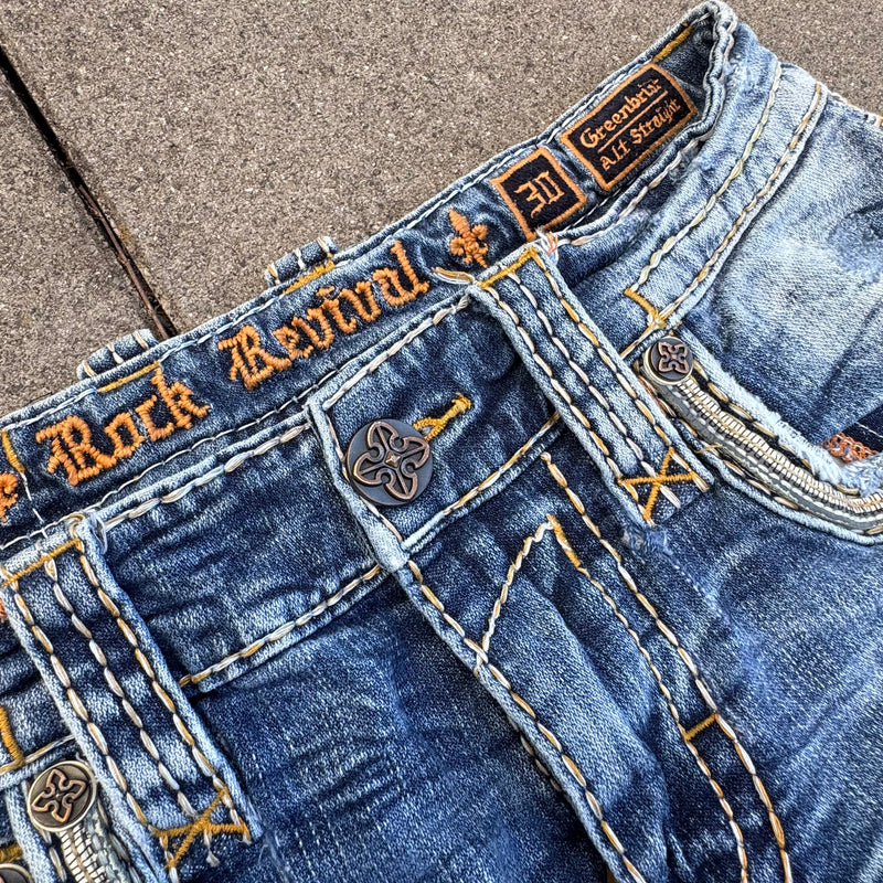 Detailansicht: Sourced limited accessories and clothes Rock Revival Vintage Alt straight denim jeans – Logo, Nähte oder Material