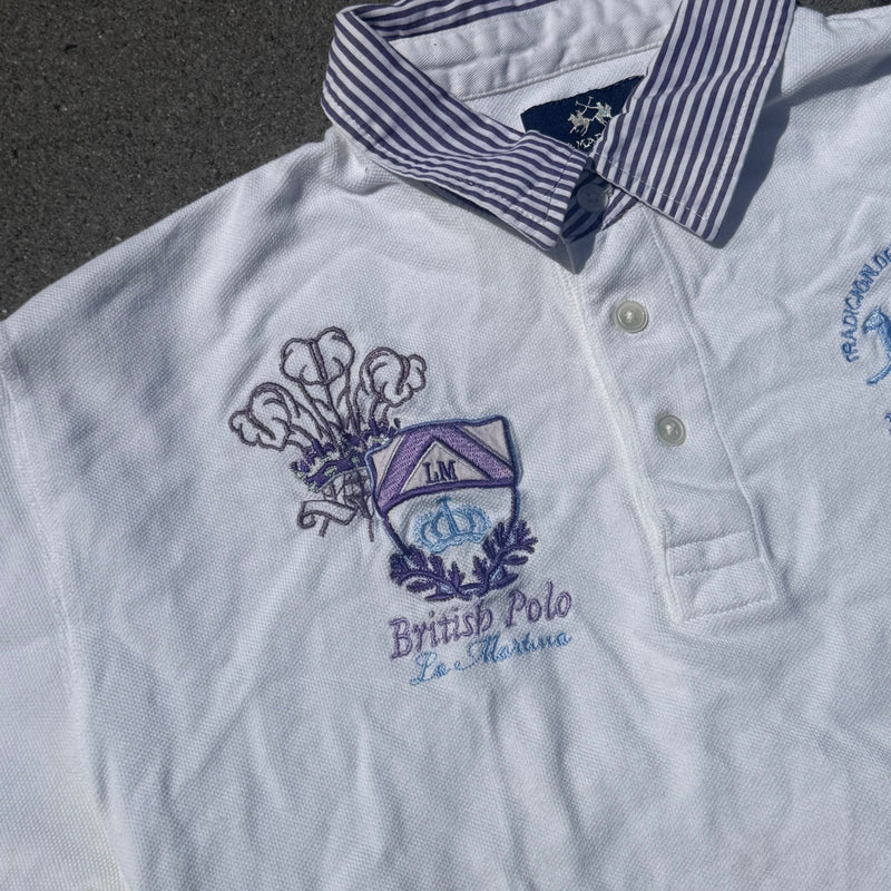 Detailansicht: Sourced limited accessories and clothes La Martina vintage white British poloshirt – Logo, Nähte oder Material