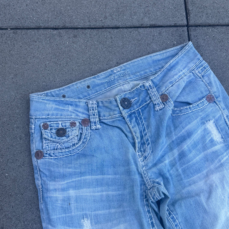 Detailansicht: Sourced limited accessories and clothes Bonobo Y2K ripped light bootcut denim jeans – Logo, Nähte oder Material