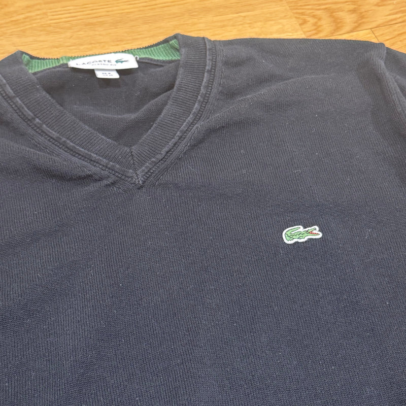 Detailansicht: Sourced limited accessories and clothes Lacoste dark blue v-neck sweater – Logo, Nähte oder Material