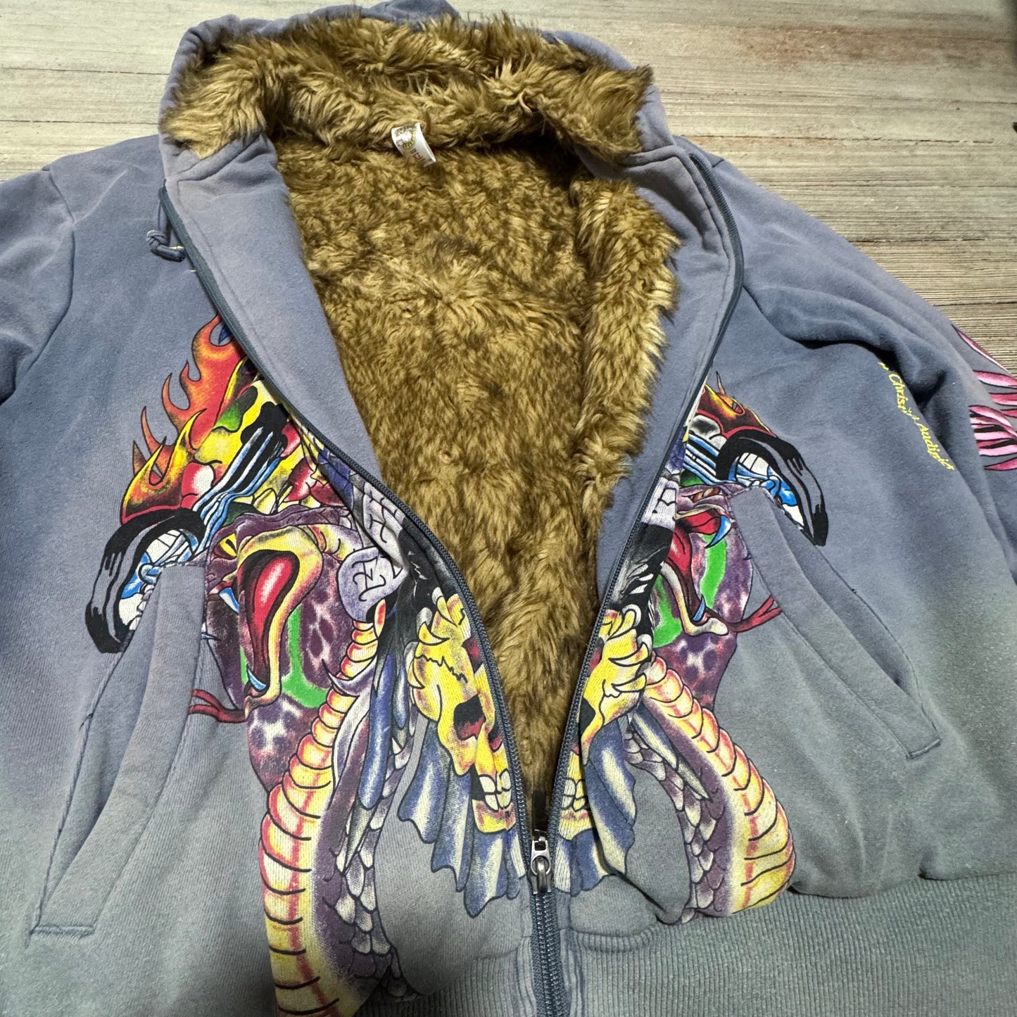 Ed Hardy vintage y2k embroidered fur hoodie