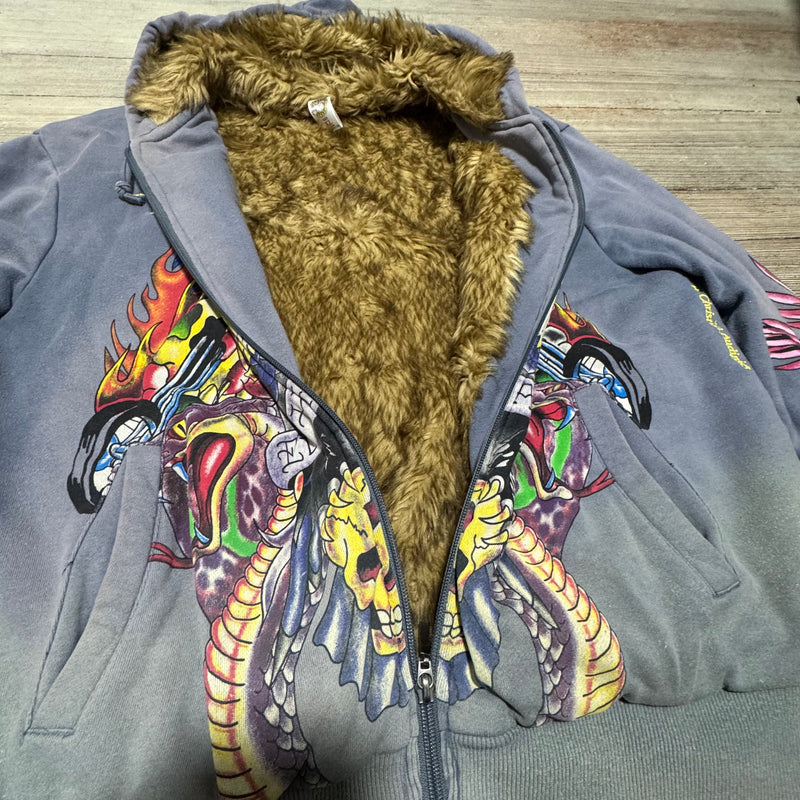 Detailansicht: Sourced limited accessories and clothes Ed Hardy vintage y2k embroidered fur hoodie – Logo, Nähte oder Material