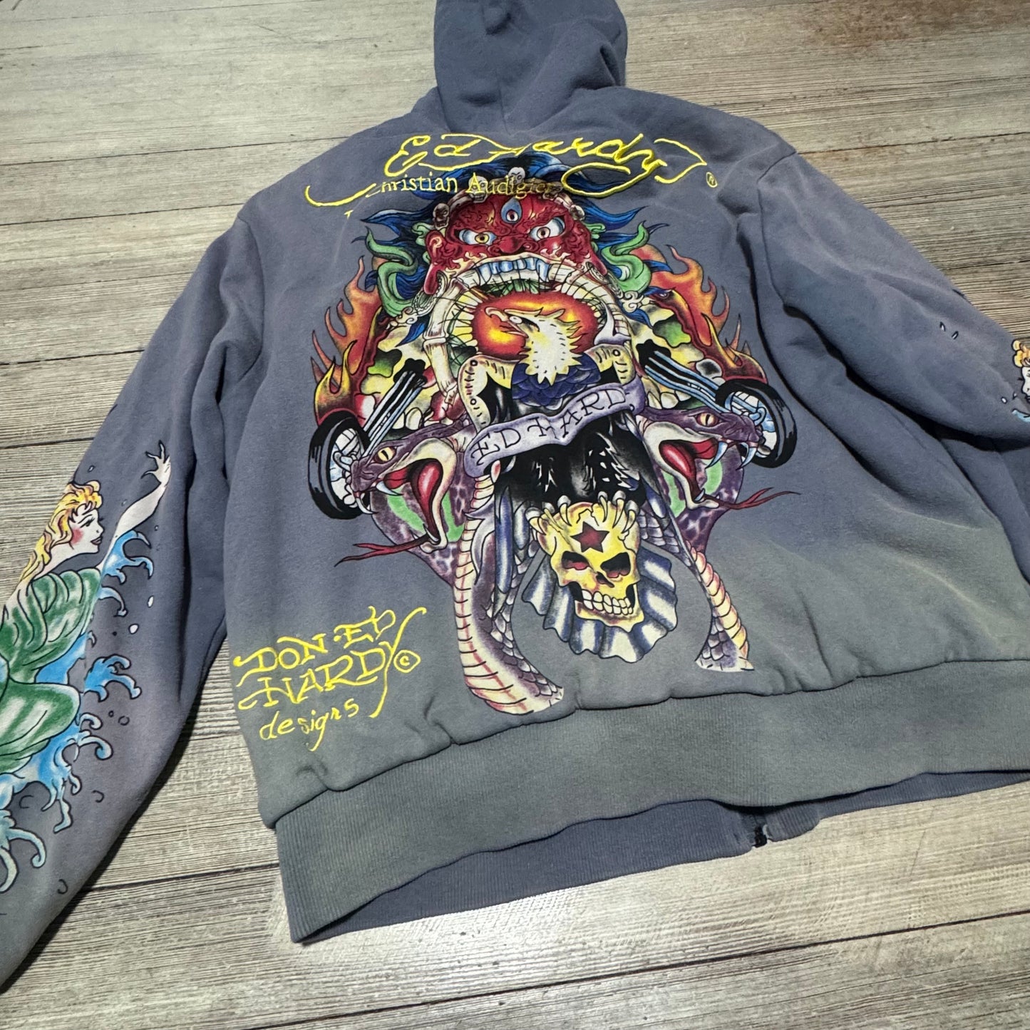 Ed Hardy vintage y2k embroidered fur hoodie