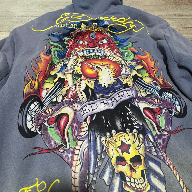 Detailansicht: Sourced limited accessories and clothes Ed Hardy vintage y2k embroidered fur hoodie – Logo, Nähte oder Material