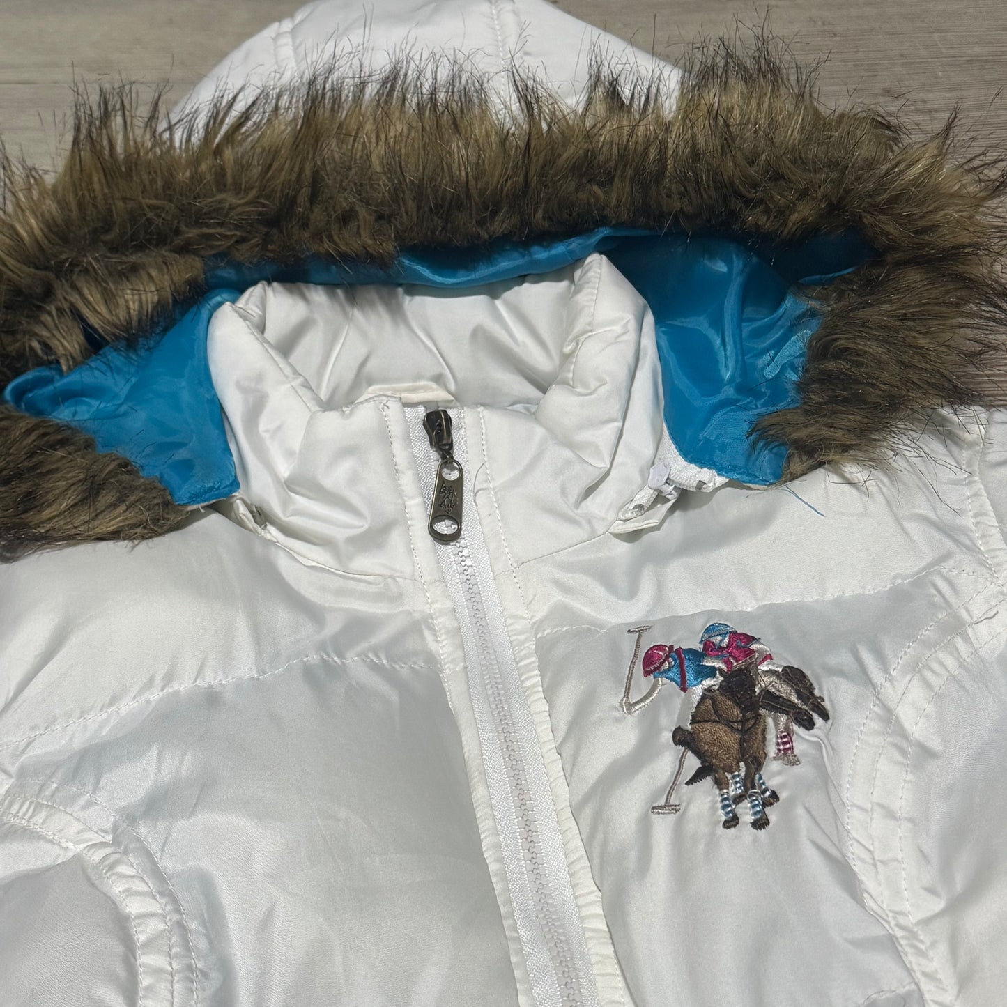 US Polo Assn white fur puffer jacket