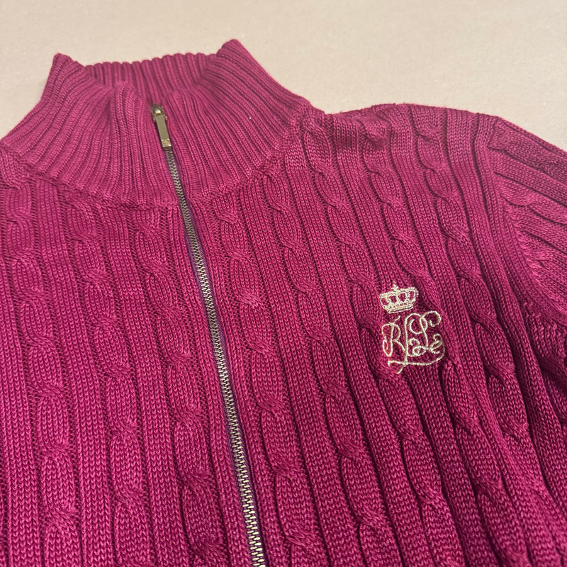 Detailansicht: Sourced limited accessories and clothes Lauren Ralph Lauren burgundy knitted zip-up – Logo, Nähte oder Material