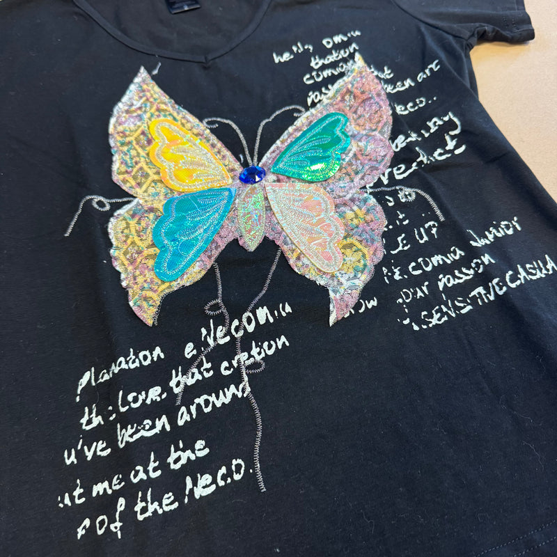 Detailansicht: Sourced limited accessories and clothes Custo Barcelona Y2K butterfly glitter t-shirt – Logo, Nähte oder Material