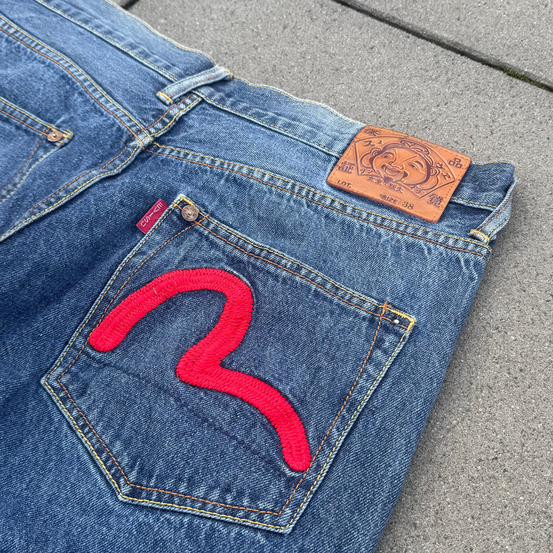 Detailansicht: Sourced limited accessories and clothes Evisu vintage Japanese denim jeans – Logo, Nähte oder Material
