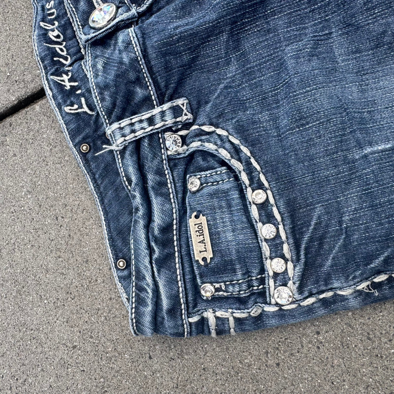 Detailansicht: Sourced limited accessories and clothes LA Idol USA Y2K glitter wide leg jeans – Logo, Nähte oder Material