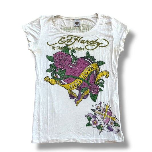 Ed Hardy "Kiss Love" vintage white rhinestones t-shirt