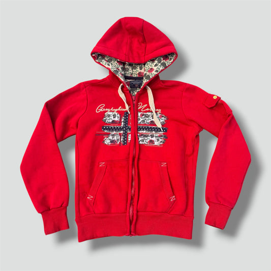 Geographical Norway embroidered red zip-up hoodie