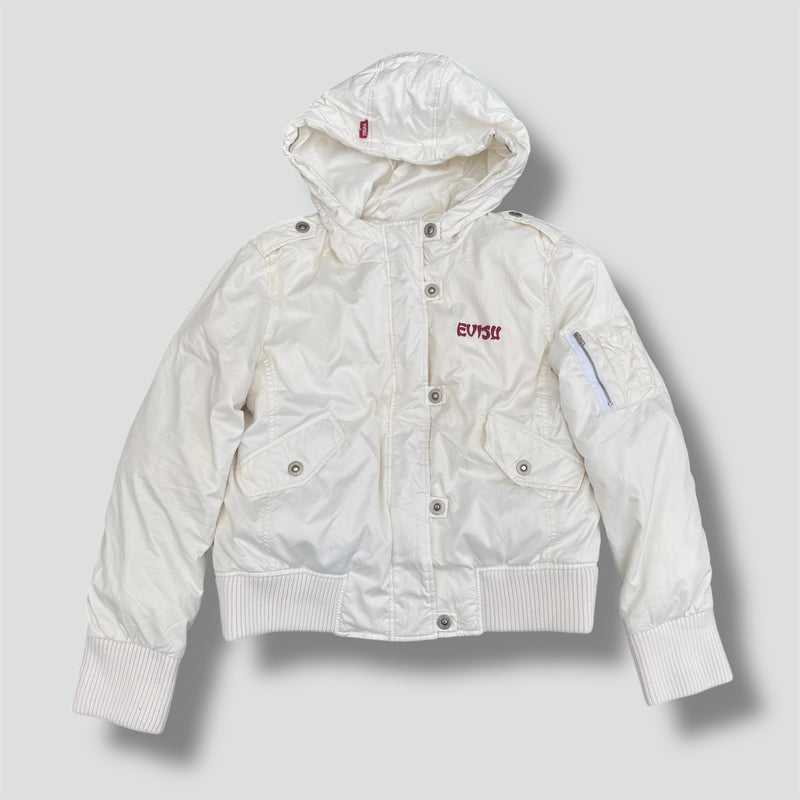 Detailansicht: Sourced limited accessories and clothes Evisu white women’s winter jacket – Logo, Nähte oder Material